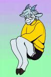 anthro blue_eyes blue_hair bottomwear bovid caprine clothed clothing dragon ear_piercing eyewear frosty_(ded_em) glasses goat hair hi_res hooves horn hotpants hybrid lord_bandicam male mammal messy_hair mythological_creature mythological_scalie mythology piercing scalie scar shorts sitting solo sweater topwear turtleneck white_body yellow_clothing yellow_sweater yellow_topwear yellow_turtleneck