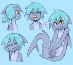  2019 :3 ankle_fin anthro black_eyes black_stripes blep blue_background blue_hair breasts colored dorsal_fin eyebrows eyes_closed featureless_breasts female fin fish graskip grey_body hair happy head_fin looking_at_viewer marine merfolk multicolored_body multiple_expressions noseless open_mouth ponytail shaded shark sharp_teeth side_view simple_background smile solo split_form striped_body stripes tail tail_fin teeth tied_hair tongue tongue_out two_tone_body white_body yellow_sclera 