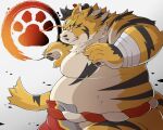 2024 anthro asian_clothing bandage belly big_belly clothing east_asian_clothing felid hi_res humanoid_hands japanese_clothing kemono male mammal mawashi moobs overweight overweight_male pantherine pomupomu490 raiden_tameemon sengoku_puzzle solo sumo tiger
