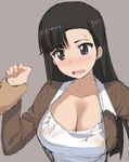  1girl a1 black_hair blush breasts brown_eyes chi-hatan_military_uniform cleavage collarbone girls_und_panzer hetero highres jacket large_breasts military military_uniform nishi_kinuyo non-web_source open_clothes open_jacket open_mouth tank_top uniform wrist_grab 