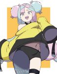  1girl :d aqua_hair black_shorts bow-shaped_hair character_hair_ornament commentary hair_ornament highres iono_(pokemon) jacket kachobi_(user_atuh5854) long_sleeves looking_at_viewer multicolored_hair navel orange_background pink_hair pokemon pokemon_sv sharp_teeth shorts single_leg_pantyhose sleeves_past_fingers sleeves_past_wrists smile solo standing teeth thigh_strap two-tone_background two-tone_hair upper_teeth_only white_background yellow_eyes yellow_jacket 