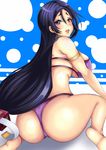  1girl arm_guards armlet artist_request ass back bangs barefoot bikini blue_sky blush breasts cloud day eyepatch_bikini fate/grand_order fate_(series) hips huge_ass huge_breasts long_hair looking_back low-tied_long_hair minamoto_no_raikou_(fate/grand_order) minamoto_no_raikou_(swimsuit_lancer)_(fate) open_mouth outdoors parted_bangs purple_bikini purple_eyes purple_hair shiny shiny_clothes shiny_hair shiny_skin sideboob sky smile solo swimsuit thick_thighs thighs thong thong_bikini very_long_hair wariza wide_hips 