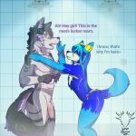  2024 anthro balls bedroom_eyes bent_over blue_body blue_eyes blush bodily_fluids canid canine canis clothed clothed/nude clothing comic dialogue digital_drawing_(artwork) digital_media_(artwork) duo english_text femboy fox froyo_coffee fur genitals guispe_(guispe_opockjha) guispe_opockjha hair half_naked hi_res humanoid_genitalia humanoid_penis locker_room long_hair male male/male mammal meme narrowed_eyes naughty_face nude panties penis purple_body seductive shaded shower signature simple_background tail taunting text underwear wet wet_body wolf yellow_eyes 