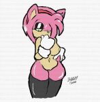 amy_rose anthro breasts bunnybunn clothing curvy_figure eulipotyphlan female hair hedgehog legwear mammal nude pink_body sega shy solo sonic_the_hedgehog_(series) thigh_highs tight_fit voluptuous