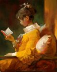  1girl book brown_hair closed_eyes closed_mouth dress frilled_shirt_collar frills from_side hair_bun highres holding holding_book long_sleeves nanbo_ataru_(attall) open_book original painterly photoshop_(medium) pillow profile reading short_hair sitting solo yellow_dress 