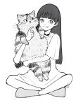  1girl :p animal animal_hug artist_name awatsu_mai blunt_bangs blunt_ends cat choker closed_mouth commentary full_body greyscale highres holding holding_animal holding_cat indian_style long_hair long_shirt looking_at_viewer mole mole_under_eye monochrome real_life sally_(allogkk) short_sleeves simple_background sitting smile socks solo tongue tongue_out voice_actor white_background 