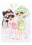  +_+ basket bathhouse black_hair bow-shaped_hair callie_(splatoon) closed_eyes coula_cat cousins grey_hair highres inkling long_hair marie_(splatoon) medium_hair mole mole_under_eye naked_towel object_on_head open_mouth rubber_duck soap_dispenser splatoon_(series) splatoon_1 standing talking tentacle_hair towel walking 