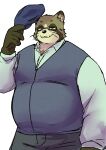 2024 anthro bottomwear canid canine clothing eyewear glasses hat headgear headwear hi_res humanoid_hands kemono male mammal overweight overweight_male pants raccoon_dog shirt simple_background solo tanuki tenugui tobyou_222 topwear white_background