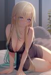  1girl aizawa_ema bare_legs bare_shoulders bed blonde_hair blue_eyes blush breasts cleavage eyes_visible_through_hair gradient_hair green_hair large_breasts lingerie long_hair looking_at_viewer multicolored_hair nikichiho on_bed see-through_camisole sidelocks solo underwear virtual_youtuber vspo! 