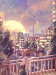  1girl atelier_umiyury bag brown_hair building car city commentary facing_away from_behind full_moon hat highres lamppost long_sleeves meteor_shower moon motor_vehicle night original outdoors pedestrian_bridge procreate_(medium) railing road road_sign scenery shooting_star sign sky solo star_(sky) starry_sky tree 