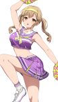  1girl absurdres bang_dream! belt breasts brown_eyes brown_hair cheerleader collarbone commentary crop_top crossed_bangs hair_ornament hairband highres ichigaya_arisa large_breasts long_hair looking_at_viewer midriff navel neckerchief noshimurin open_mouth pom_pom_(cheerleading) purple_skirt sailor_collar simple_background skirt sleeveless socks solo standing standing_on_one_leg twintails white_background white_belt white_sailor_collar white_socks x_hair_ornament yellow_hairband yellow_neckerchief 