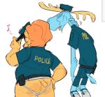 anthro antlers bear blue_body blue_fur bodily_fluids bottomless bottomless_male butt clothed clothing deer disco_bear_(htf) duo fur hair hand_on_hip hand_on_neck happy_tree_friends hat headgear headwear holding_clothing holding_hat holding_headgear holding_headwear holding_object horn jockstrap lumpy_(htf) male mammal markings moose musical_note musical_note_(marking) new_world_deer orange_body orange_fur orange_hair police police_belt police_officer police_uniform rear_view sweat sweatdrop underwear uniform vilya