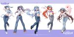  5girls ass baseball_cap belt black_gloves blue_hair blue_pants blunt_bangs blunt_tresses breasts brown_hair casual cbmus copyright_name denim flower-shaped_pupils ganyu_(genshin_impact) genshin_impact gloves grey_hat grey_pants hair_between_eyes hair_ornament hair_ribbon hat highres hu_tao_(genshin_impact) jeans kamisato_ayaka keqing_(genshin_impact) large_breasts light_blue_hair long_hair looking_at_viewer low_twintails medium_breasts midriff mole mole_under_eye multiple_girls navel nilou_(genshin_impact) one_eye_closed open_mouth pants ponytail purple_eyes purple_hair rabbit-ear_headwear red_eyes red_hair ribbon shirt shoes small_breasts smile sneakers symbol-shaped_pupils t-shirt tress_ribbon twintails white_belt white_shirt 