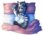  2017 anthro bed breasts equine facial_piercing female fur hair hi_res horse looking_at_viewer mammal mane messy messy_hair morning multicolored_fur nose_piercing nose_ring nude on_bed piercing pillow purple_eyes rainbowfoxy rainbowfoxy_art simple_background smile solo striped_fur stripes zebra 