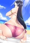  714_(leg200kr) ass barefoot beach bikini blue_eyes breasts commentary_request day fate/grand_order fate_(series) feet large_breasts lens_flare looking_at_viewer looking_back minamoto_no_raikou_(fate/grand_order) minamoto_no_raikou_(swimsuit_lancer)_(fate) pink_bikini purple_hair sand signature soles solo swimsuit toes 