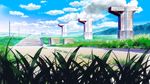  bad_id bad_pixiv_id blue_sky building cloud cloudy_sky commentary day grass highres house mountain no_humans original outdoors post-apocalypse road ruins scenery sky summer telephone_pole yokohama 