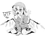  :d bag bangs between_legs blush buttons commentary_request eyebrows_visible_through_hair fangs flandre_scarlet full_body greyscale hair_between_eyes hand_between_legs hand_up hat kindergarten_uniform long_hair long_sleeves monochrome no_shoes open_mouth satchel school_hat shamo_(koumakantv) side_ponytail simple_background sitting skirt slit_pupils smile socks solo touhou wariza white_background 
