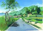  anchoku_0621 blue_sky building bush calligraphy_brush_(medium) cloud commentary_request day derivative_work flower forest grass green highres house mountain nature no_humans omohide_poro_poro outdoors plant road scenery sky studio_ghibli traditional_media tree village 