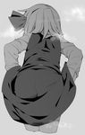  bow cowboy_shot cropped_legs from_behind grey_background greyscale hair_bow hand_under_clothes monochrome rumia shamo_(koumakantv) shirt short_hair simple_background skirt skirt_set solo steam suggestive_fluid touhou 