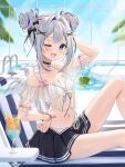  1girl ;d absurdres amane_kanata amane_kanata_(7th_costume) angel angel_wings bikini black_bow black_choker black_skirt blue_sky blush bow choker cloud cocktail cocktail_glass collarbone commentary_request cup day double_bun drinking_glass grey_hair hair_bow hair_bun hair_ornament highres hololive indoors looking_at_viewer multicolored_hair navel official_alternate_costume one_eye_closed open_mouth pink_bow purple_eyes runlan_0329 sidelocks sitting skirt sky smile solo swimsuit thighs virtual_youtuber white_bikini white_wings wings x_hair_ornament 