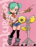  1girl ;d aqua_hair asymmetrical_hair belt blue_eyes blue_pants blush boots bow bowtie brown_gloves bulma buttons capsule_corp commentary crop_top dragon_ball dragon_ball_(classic) drum drumsticks earpiece finger_gun gloves hair_tie holding holding_drumsticks instrument kiichi logo looking_at_viewer loose_footwear microphone motion_lines navel one_eye_closed open_fly pants pink_background quiver shirt short_shorts shorts side_ponytail signature simple_background smile solo spinning standing standing_on_one_leg text_background thighhighs white_shirt zipper 