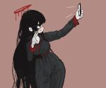  1girl black_dress black_hair blood blue_archive dress gay_(artist) halo long_sleeves melting_halo red_background selfie simple_background solo tsurugi_(blue_archive) v 