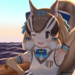  1girl acorn animal_ears arm_up belt brown_eyes brown_hair chipmunk_ears chipmunk_girl chipmunk_tail elbow_gloves extra_ears gloves highres kemono_friends kemono_friends_v_project looking_at_viewer microphone ocean one_eye_closed ratrenarms ribbon shirt short_hair siberian_chipmunk_(kemono_friends) sleeveless sleeveless_shirt tail vest virtual_youtuber 