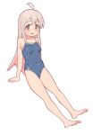  1girl :d absurdres ahoge bare_arms bare_legs bare_shoulders barefoot blue_one-piece_swimsuit blush commentary covered_navel feet full_body grey_hair hair_between_eyes highres karubi_(karubi465558) long_hair looking_at_viewer multicolored_hair one-piece_swimsuit onii-chan_wa_oshimai! open_mouth oyama_mahiro penis pink_hair simple_background sitting small_penis smile solo sweatdrop swimsuit toes two-tone_hair white_background 
