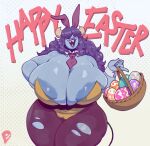 2024 anthro areola areola_slip artist_logo basket big_breasts biped blue_body breasts camel_toe clothed clothing container demon demon_humanoid easter easter_egg english_text fake_ears fake_rabbit_ears female hair hi_res holidays huge_breasts humanoid logo long_hair peculiart signature simple_background skimpy solo sue_(peculiart) text torn_clothing