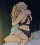  2girls ass bed blonde_hair blurry blurry_background bra catsanie dungeon_meshi elf falin_touden highres hug implied_kiss marcille_donato multiple_girls nightgown panties plump pointy_ears short_hair sitting straddling thighlet thighs underwear upright_straddle yuri 