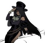  1other ascot asymmetrical_gloves asymmetrical_sleeves bare_shoulders belt black_hair eyeshadow fingerless_gloves gloves guilty_gear guilty_gear_strive hat highres long_hair makeup other_focus sanshiori smile solo straight_hair testament_(guilty_gear) top_hat white_ascot 