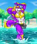  2017 abs anthro biceps black_nose blonde_hair body_hair briefs bulge canine chest_hair clothing daragh hair hands_behind_head hungothenomster looking_at_viewer male mammal multicolored_skin muscular muscular_male penis_outline pool_(disambiguation) pose purple_skin red_eyes solo standing tight_underwear tongue tongue_out underwear water were werewolf white_skin wolf 
