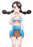  1girl bikini bikini_top_only black_hair blue_sweater blush breasts brown_skirt candice_(pokemon) closed_mouth clothes_around_waist collarbone collared_shirt commentary_request els_(ljhlee12) eyelashes hand_up highres kneehighs knees korean_commentary long_hair multi-tied_hair navel open_clothes open_shirt pleated_skirt pokemon pokemon_dppt shiny_skin shirt simple_background skirt smile socks solo sweater sweater_around_waist swimsuit twintails white_background white_shirt 