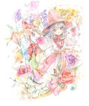  1girl :d absurdres bird black_hair dress flower hat highres kazuka long_hair long_sleeves looking_at_viewer open_mouth original painting_(medium) petals red_eyes red_hat smile solo traditional_media watercolor_(medium) white_background white_dress witch_hat 