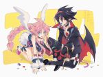  1boy 1girl angel angel_wings black_hair blue_eyes cape demon_boy disgaea fish_in_mouth gloves hair_between_eyes highres issa_(sorako45) makai_senki_disgaea_4 pants pink_footwear pink_hair pointy_ears red_eyes sardine shoes sidelocks smile valvatorez_(disgaea) vampire vulcanus_(disgaea_4) wings 