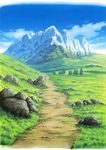  calligraphy_brush_(medium) commentary_request day field graphite_(medium) grass hariken highres mountain nature no_humans outdoors path road rock scenery sky traditional_media tree 