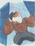  angry_birds avian azul_(artist) bald_eagle beak bird bulge clothed clothing eagle looking_at_viewer male mighty_eagle muscular muscular_male pecs simple_background smile solo stripper topless video_games 