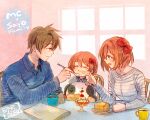  1boy 2girls :d :i aged_up blue_shirt bow brown_hair child coffee_cup commentary cup disposable_cup doki_doki_literature_club eating english_text family father_and_daughter food fork hair_between_eyes hair_bow half-closed_eyes holding holding_fork holding_spoon if_they_mated indoors long_sleeves mother_and_daughter multiple_girls open_mouth pancake pancake_stack protagonist_(doki_doki_literature_club) red_bow sayori_(doki_doki_literature_club) shirt short_hair smile sora_(efr) spiked_hair spoon striped_clothes striped_shirt stuffed_cow table white_shirt wing_collar 