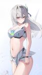  1girl bandeau barcode barcode_tattoo bare_arms bare_shoulders breasts cleavage cowboy_shot firefly_(honkai:_star_rail) gradient_background grey_background grey_hair grey_hairband hair_ornament hairband highres honkai:_star_rail honkai_(series) long_sleeves looking_at_viewer midriff navel purple_eyes solo standing stomach strapless tattoo thighs tube_top white_background yeni1871 