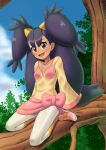  1girl :d arm_support black_hair blush bow breasts capri_pants collarbone commentary_request day els_(ljhlee12) eyelashes highres iris_(pokemon) korean_commentary long_hair long_sleeves low-tied_long_hair open_mouth outdoors pants pink_bow pink_footwear pink_skirt pokemon pokemon_bw shirt shoes sitting_on_branch skirt sky smile solo tree two_side_up white_pants yellow_shirt 