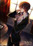  black_jacket black_pants blue_eyes brown_hair code_geass collarbone copyright_name dutch_angle hand_in_hair indoors jacket lelouch_lamperouge looking_at_viewer male_focus open_clothes open_shirt pants shirt signature solo standing tsuki_usagi white_shirt 