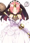  :i blue_eyes breasts bridal_veil elbow_gloves fate/apocrypha fate_(series) frankenstein's_monster_(fate) gloves hair_over_eyes heterochromia highres holding holding_weapon horn looking_at_viewer medium_breasts pink_hair pout sakuragi_ren short_hair solo veil weapon white_gloves yellow_eyes 