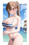  1boy 2girls absurdres bexercube blue_scrunchie blue_sky breasts brown_eyes brown_hair closed_mouth cloud collarbone commentary_request day glasses hair_ornament hair_scrunchie highres kotobuki_hisako large_breasts long_hair looking_at_viewer michinoko_komaro michinoku_komaro mizunoe_ume multiple_girls navel ocean one-piece_swimsuit outdoors revision scrunchie seitokai_nimo_anawa_aru! sky striped_clothes striped_one-piece_swimsuit swimsuit thighs wet 