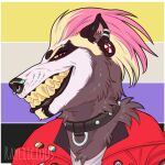 1:1 anthro artist_name barbell_piercing blonde_hair brown_body brown_fur bust_portrait cheek_tuft circular_barbell_piercing clothed clothing collar ear_piercing ear_ring facial_piercing facial_tuft fur gauged_ear glistening glistening_eyes grey_collar grin hair jacket lgbt_pride looking_at_viewer male multicolored_hair multiple_piercings narrowed_eyes nose_piercing open_clothing open_jacket open_topwear piercing pink_hair portrait pride_colors rayliicious red_clothing red_eyes red_jacket red_topwear ring_piercing septum_circular_barbell septum_piercing smile solo species_request teeth topwear tuft two_tone_hair white_body white_clothing white_fur white_topwear yellow_sclera yellow_teeth