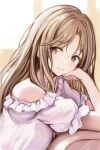  1girl blush brown_hair frilled_shirt frills ichikawa_hinana idolmaster idolmaster_shiny_colors long_hair looking_at_viewer looking_to_the_side nannacy7 purple_shirt shirt smile solo upper_body very_long_hair 