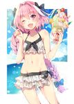  ;d absurdres astolfo_(fate) bikini black_bow blush bow braid eyebrows_visible_through_hair fang fate/apocrypha fate/grand_order fate_(series) hair_bow highres index_finger_raised kirushi_(killcy) long_hair looking_at_viewer male_focus multicolored_hair navel one_eye_closed open_mouth otoko_no_ko pink_hair purple_eyes smile solo swimsuit white_hair 