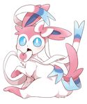  2017 ambiguous_gender blue_eyes blush dagasi eeveelution feral fur looking_at_viewer nintendo open_mouth paws pink_fur pok&eacute;mon ribbons simple_background solo sylveon video_games white_background white_fur 