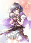  1girl ahoge alternate_costume black_hair book cape cosplay dress ebi_puri_(ebi-ebi) fire_emblem fire_emblem_awakening fire_emblem_heroes flower flower_wreath gloves hair_flower hair_ornament holding holding_flower morgan_(female)_(fire_emblem) morgan_(fire_emblem) purple_cape purple_eyes robin_(female)_(fire_emblem) robin_(female)_(valentine)_(fire_emblem) robin_(fire_emblem) 