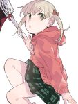  1girl blonde_hair bow caddy_cyd green_eyes hair_bow highres holding holding_scythe holding_weapon hood hoodie looking_at_viewer maka_albarn miniskirt pink_hoodie plaid plaid_skirt red_bow scythe skirt solo soul_eater twintails weapon 
