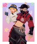  2girls abs animification apex_legends baseball_cap black_hat black_shirt blonde_hair blue_gloves blue_hat border bucket_hat colored_tips commentary cropped_hoodie cropped_jacket cropped_shirt fingerless_gloves gloves gold_choker gradient_background grey_gloves grey_hair hair_behind_ear hair_bun hat heart highres hood hoodie jacket looking_at_viewer mask mouth_mask multicolored_hair multiple_girls namjak navel official_alternate_costume pink_hair red_jacket shirt single_hair_bun smile star_(symbol) street_smart_wraith symbol-only_commentary wattson_(apex_legends) white_border white_hoodie wraith_(apex_legends) 